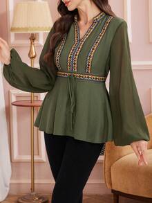 Rafferiza Women's Color Block Ribbon Patchwork Military Green Shirt, Chiffon Sleeve Patchwork, Elegant For Middle Eastern Festivals And Commuting - Army Green - View 3