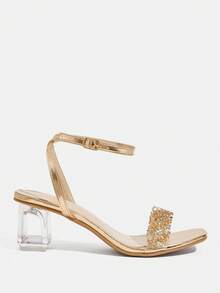 CUCCOO TILAWA Women's Fashion Crystal Embellished Square Toe Chunky Heel Sandals - Champagne - View 2