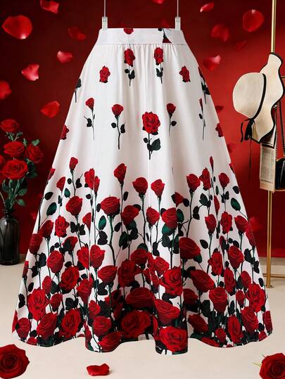 Franclia Plusstorlekar Elegant fransk rosmönstrad A-linjekjol Blommig kjol Dam Blommig kjol A-linjekjol Blommig kjol Rosmönstrad kjol Blommig kjol