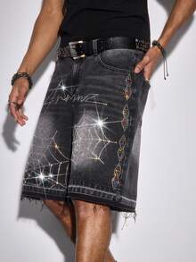 ROMWE MEN Street Life Pantalones cortos de mezclilla casuales para hombres con bolsillos desgastados y dobladillo deshilachado - Negro - Ver 6