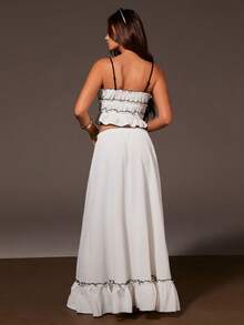 Athîral Women's Casual White Set, White Tank Top And Skirt, Black Trim Design, Bow Decor, Beach Skirt Set, Linen Two Pieces Set, Maxi Skirt Two Pieces Set, Two Pieces Set Women Dress,Summer Outfits,Summer Set,Summer Holiday Outfits,Spring Clothes,Casual Set For Women,Casual Outfit For Women,White Set,Beach Vacation Outfits For Women - White - View 2