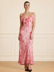 EMERY ROSE Pink Floral,Autumn,Elegant,Wedding Ninang Women's Long Dress,Digital Printed Patterns Flower Handcrafted Ruffled Edge Strapless Lining Dress - Multicolor - View 3