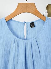 SHEIN Clasi 优雅女士纯色纹理褶皱上衣和花朵阔腿裤套装 - 藍色 - 查看 11