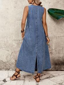 EMERY ROSE 女士V领口袋设计休闲宽松牛仔无袖连衣裙 - 藍色 - 查看 3