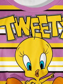 LOONEY TUNES X SHEIN Women's Casual Striped Cartoon Graphic Short Sleeve Cropped T-Shirt, Summer - White - View 6