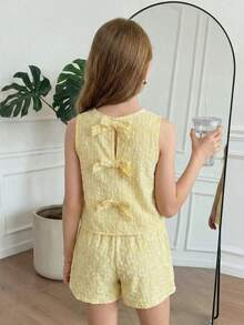 SHEIN 2件套 少女休闲纯色黄色蝴蝶结露背吊带背心和短裤套装