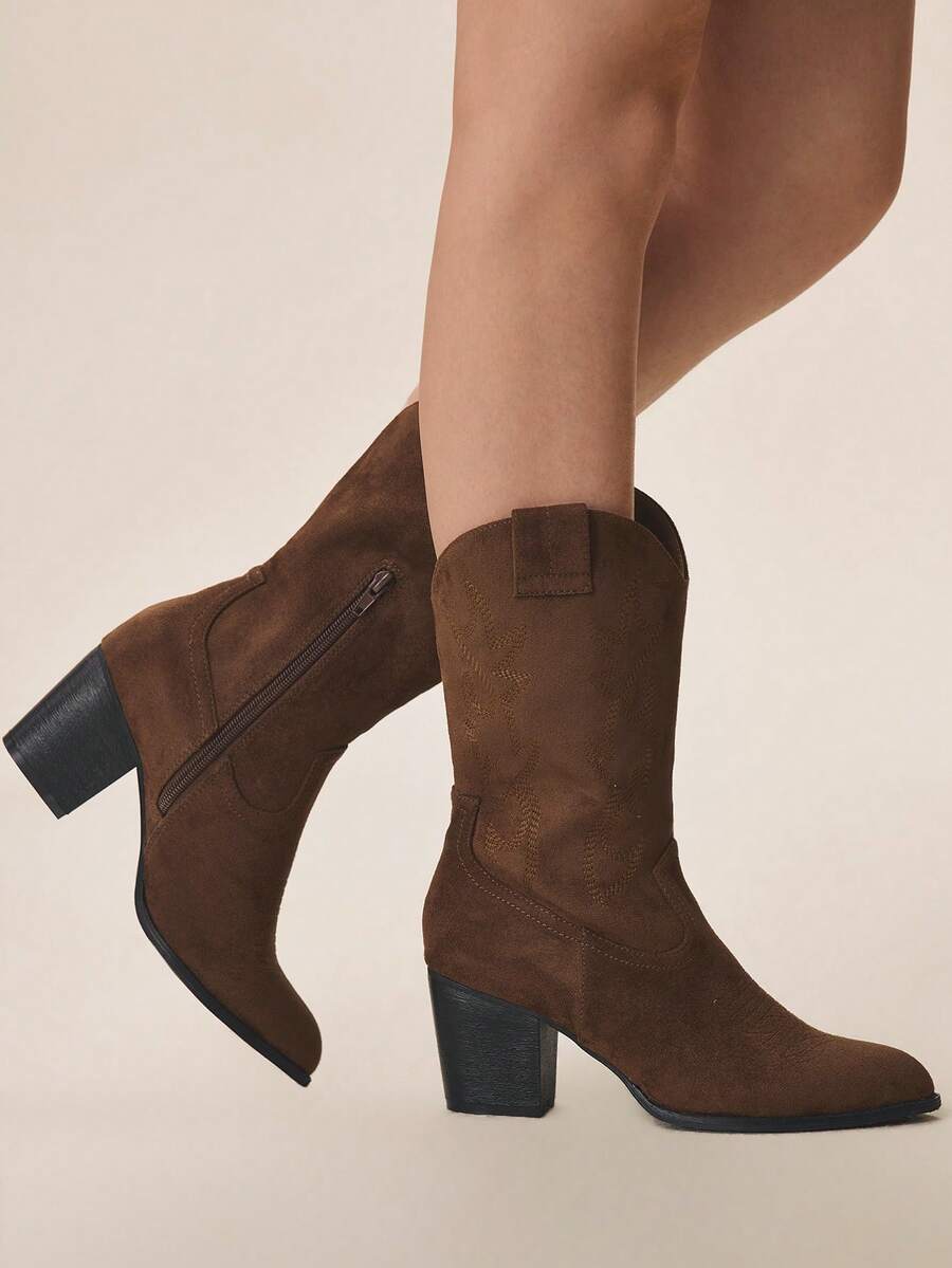 Styleloop Women's Pointed Toe Casual Fashion Chunky Heel Western Boots Valentine's Day - Coffee Brown - View 1