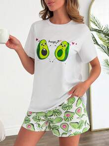 EURMUSE 女士纯棉两件套可爱牛油果印花短袖衬衫和牛油果图案睡裤家居服可爱睡衣套装 - 彩色 - 查看 5