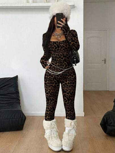 Coolane Kadınlar için Leopar Desenli Vintage Şık Seksi Vücuda Oturan Tulum, Rahat ve Çok Yönlü, Kayak, Spor, Kombin, Gezinti, Sokak Stili, Y2K için Uygun