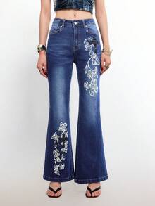 Bloopia 女士印花口袋休闲复古喇叭牛仔裤 - 藍色 - 查看 4