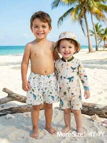 SHEIN 婴儿/男童鲸鱼印花长袖防晒泳衣，带宽檐泳帽 - 彩色 - 查看 5