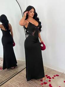 SHEIN SXY 女士黑色蕾丝拼接优雅连衣裙 - 黑色 - 查看 7