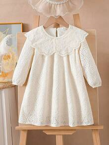 SHEIN 1件女童优雅杏色镂空蕾丝彼得潘领宽松喇叭裙，可爱连衣裙，适合甜美女孩参加派对。 - 杏色 - 查看 3