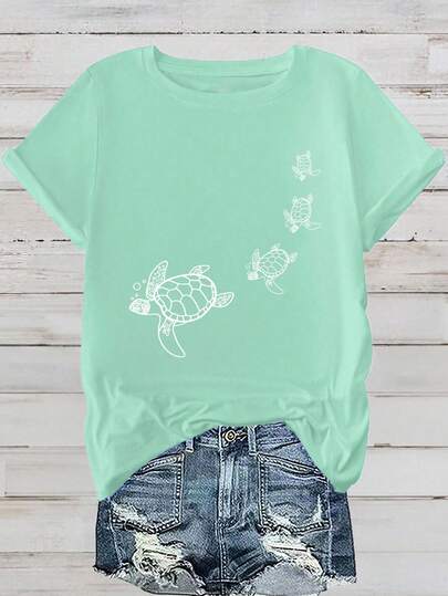 EMERY ROSE Plus Size Turtle Printed Short Sleeve Round Neck T-Shirt Graphic Tees Women Tops