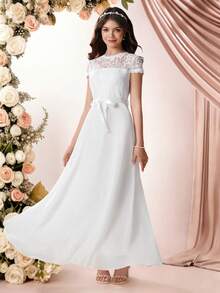 Pitira Vestido maxi elegante y lujoso de línea A con parches de bordado soluble en agua de color blido liso, adecuado para niñas adolescentes, niña de las flores, baile de graduación, fiesta y otras ocasiones, apropiado para primavera y verano, vestido de fiesta, vestido de noche - Blanco - Ver 5