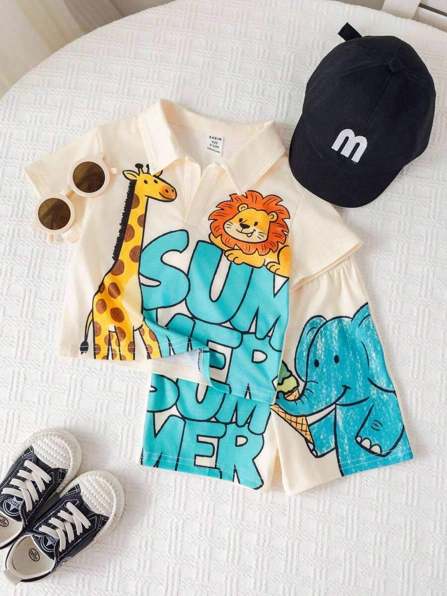 SHEIN 2 Stücke/Set Unisex Baby Jungen/Mädchen Lässig Süß Tier Muster V-Ausschnitt Kurzarm T-Shirt und Shorts Set, Frühling/Sommer Baby Kleidung Outfit - Aprikosenfarben - Übersicht 1