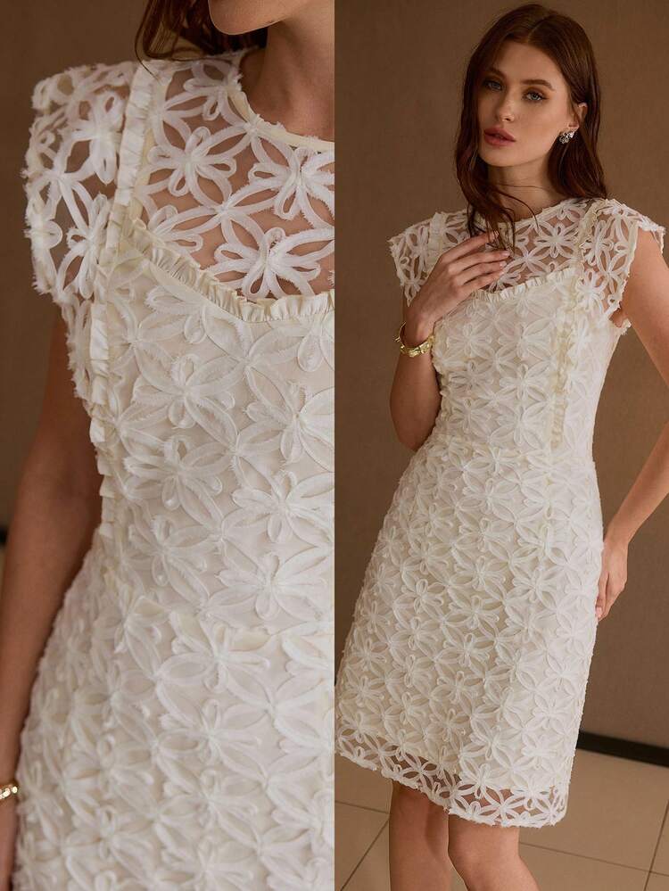 VESTIDO ELEGANTE DE LÍNEA A CON CINTURA CEÑIDA Y CALADO PARA MUJER