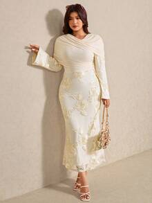 Elaquor Damen Große Größen Jacquard gerafftes langärmliges figurbetontes elegantes Kleid - Aprikosenfarben - Übersicht 7