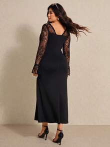 Elaquor Plus Size Women Contrast Lace Round Neck Flare Sleeve Fitted Elegant Dress - Black - View 2