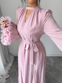 Yasmyna V-Neck Floral Lace Flare Sleeve Midi Dress For Women - Pink - View 7