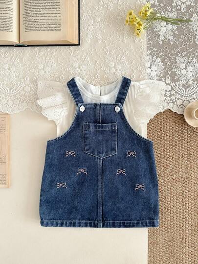SHEIN 2pcs/Set Baby Girls' Summer Clothes Back To School Season 3M-3Y, White Casual Ruffle Trim Crew Neck Elastic T-Shirt Top, Blue Cute Butterfly Embroidered Pocket Adjustable Strap Dress, Comfortable Streetwear Suitable For Spring/Summer Outings, Great Gift