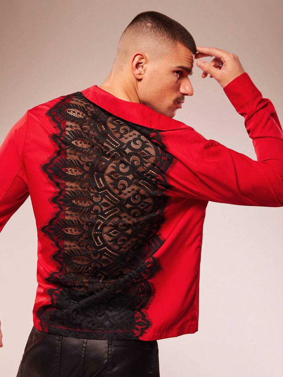 FeverCity 男士秋冬长袖衬衫，后背饰有蕾丝镂空图案 - 紅色 - 查看 1