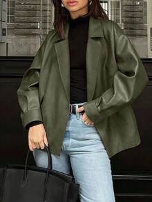 Cévolie New Retro Chic Fashion Loose Fit Blazer Leather Jacket For Women