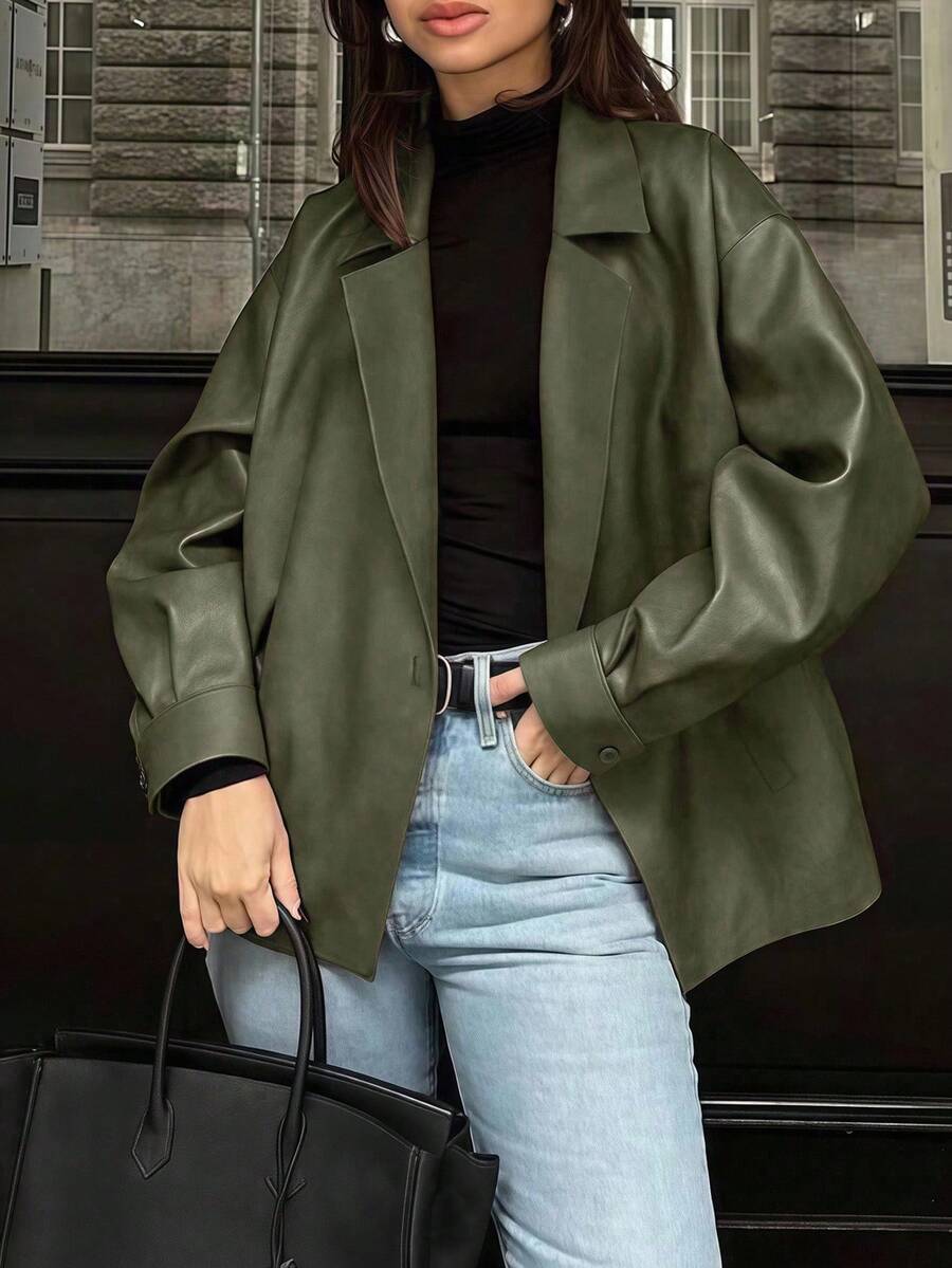 Cévolie New Retro Chic Fashion Loose Fit Blazer Leather Jacket For Women