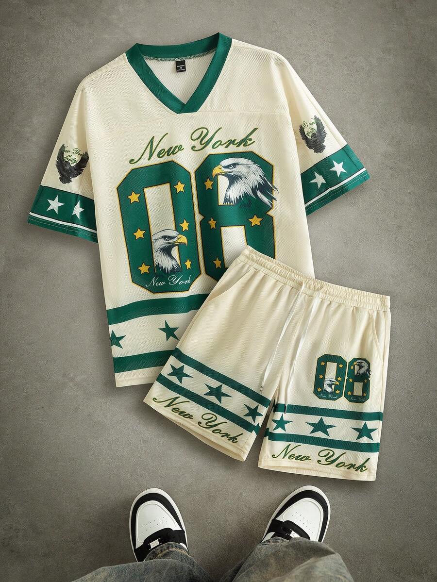 PAVTROS Conjunto de camiseta de manga corta y pantalones cortos casuales para hombre con estampado de águila y números, para verano - Multicolor - Ver 1