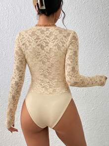 SHEIN Frenchy 女士V领长袖蕾丝优雅连体衣 - 杏色 - 查看 2