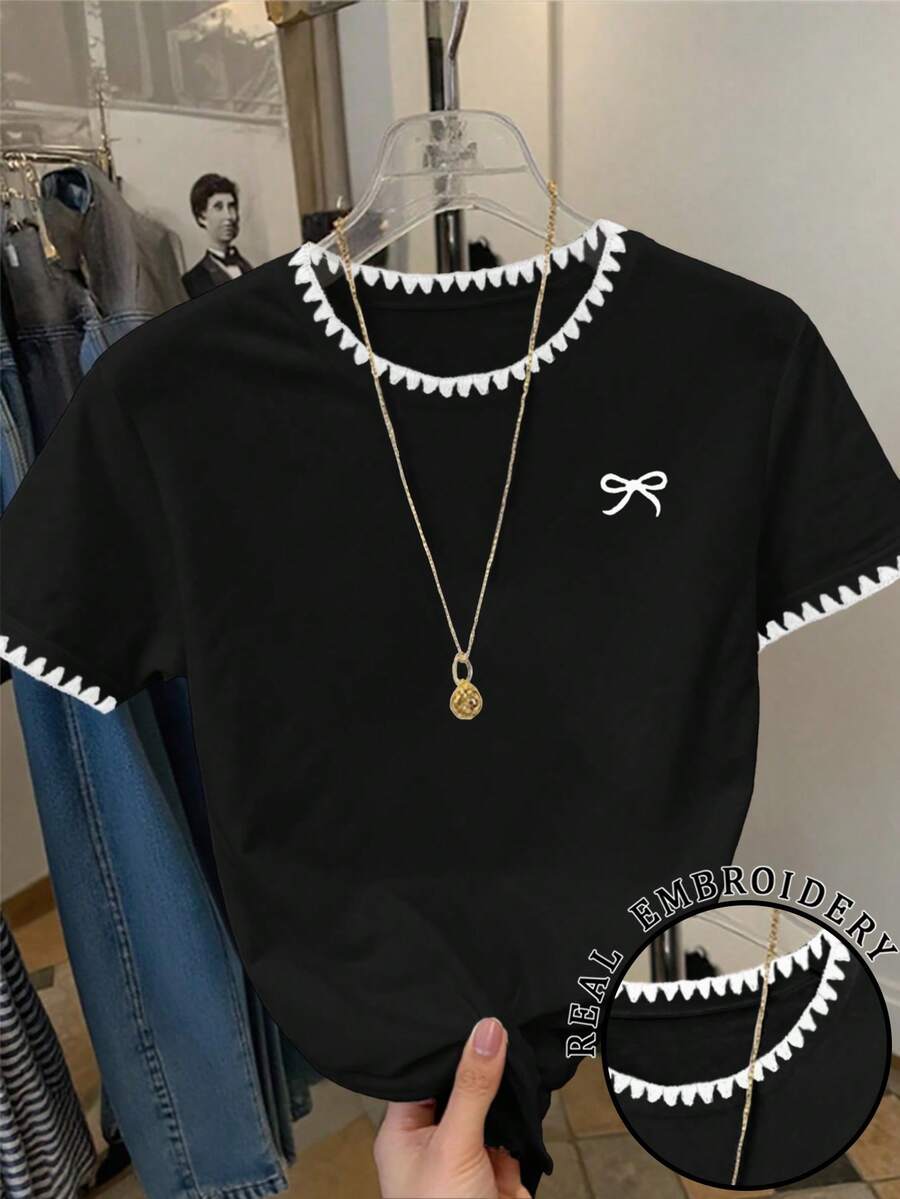 SHEIN 女士休闲蝴蝶结印花荷叶边圆领短袖T恤 - 黑色 - 查看 1