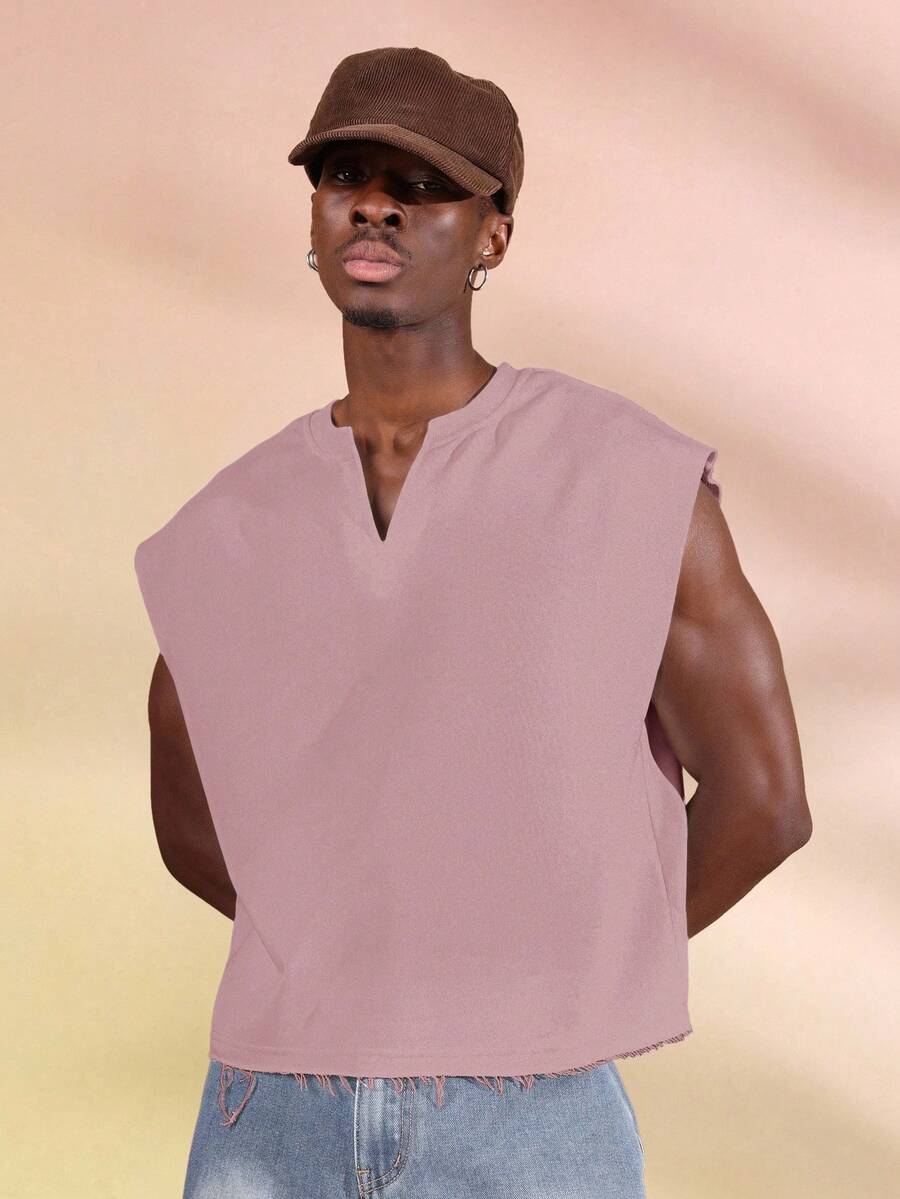 SUMWON Crop Fit Sleeveless V Neck Tank Top With Raw Edge Hem Casual Summer Streetwear - Pink - View 1