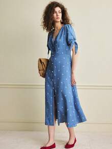 Écloséra 优雅法式复古修身V领系带袖刺绣蓝色女士春夏连衣裙