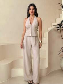 SHEIN Tall 两件套：优雅轻盈的亚麻裹身V领无袖背心和高腰褶裥阔腿裤，休闲商务通勤装，春夏、毕业典礼、教师装，秋冬返校季皆宜。 - 杏色 - 查看 9