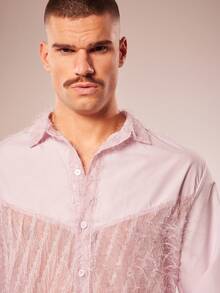 FeverCity 男士纹理前开襟长袖衬衫，秋季时尚之选 - 粉色 - 查看 6