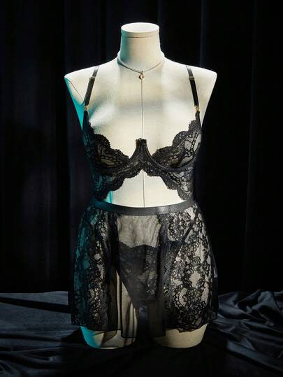 SpicyHot 两件套性感蕾丝拼接网纱蝴蝶结装饰睡衣套装