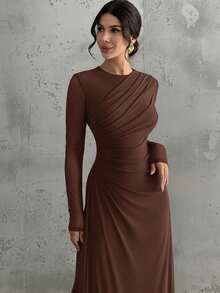 Firerie 女士优雅正式办公通勤休闲度假派对复古教师秋季网纱纯色圆领腰部褶裥A字长袖连衣裙，浅黄色 - 咖啡 - 查看 2