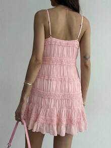 Aloruh Women's Deep V-Neck Textured Fabric Pink Vacation Dress,Pink Dress - Pink - View 8