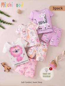 3pcs/Set Cartoon Lion, Giraffe, Zebra Printed Round Neck Short Sleeve Top & Shorts Snug Fit Home Wear For Baby Girls - Multicolor - View 8