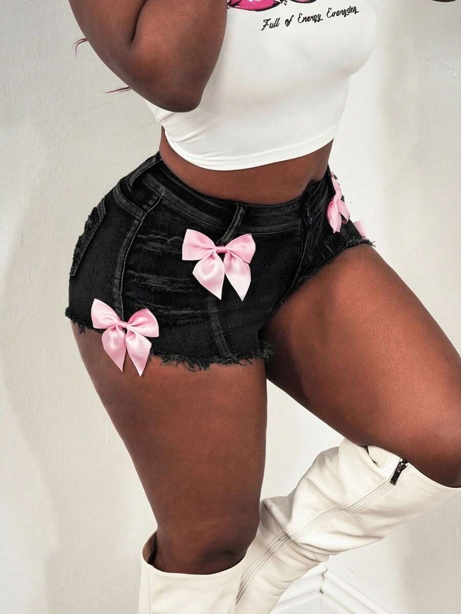 Slaydiva Quần short denim nữ gợi cảm, ôm sát, cạp thấp, thắt nơ, màu xanh dương, quần short nữ, quần jean nữ, quần short denim, trang phục mùa hè cho nữ nhân dịp Lễ Tình nhân, trang phục mùa hè xuân cho nữ. - màu đen - Xem 1