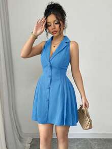 Elenzga Vestido mini elegante de mujer de unicolor con botones delanteros y sin mangas - Celeste - Ver 5