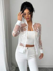 SHEIN Elenzya Women's Casual Floral Embroidery Sheer Mesh Zip-Up Lightweight Bomber Jacket, Spring/Summer - White - View 3