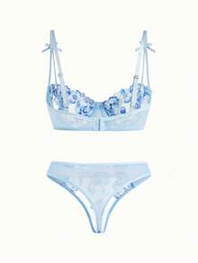 Bonmuse Sexy Lingerie For Women, Blue Mesh, Ultra-Thin, Floral, Patchwork, Embroidered, Molded, Sweet, 2 Pieces Set: Bra + Thong, Cool Light Blue
