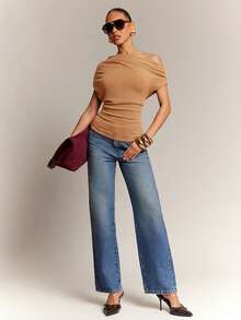 Hauture Women's Office Casual Dialy Simple Off Shoulder Wool Like Knit Ruched Top - Camel - View 3