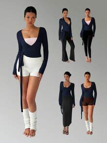 FavEase Áo thun bó cổ chữ V tay dài ôm sát tập yoga màu hồng, co giãn cao, mềm mại & thoải mái, thiết kế tối giản thanh lịch dành cho phụ nữ, mùa xuân/thu - Màu xanh hải quân - Xem 7