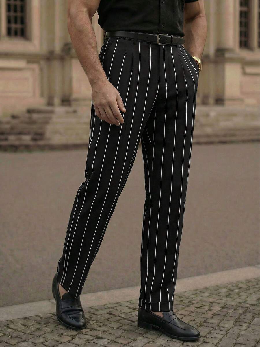 HIMLAND Comfortable Cropped Men's Pants With Textured Pattern And Pocket Design Pinstripe Pants Men Black And White Pants Men Pinstripe Pants Men Dress Pants Vertical Striped Pants Men Dress Pants, Fall, Old Money - Black and White - View 1
