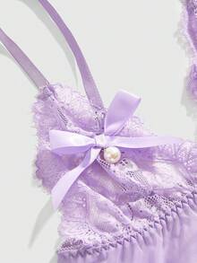 ROMWE Kawaii Conjunto de camisón y tanga sexy con lazo de malla estilo muñeca - Lila Púrpura - Ver 3