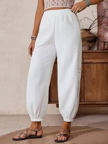 LanaWest Western Style Lace Patchwork Hollow Out Ankle-Tied Versatile Women's Pants, Spring/Summer - White - View 5