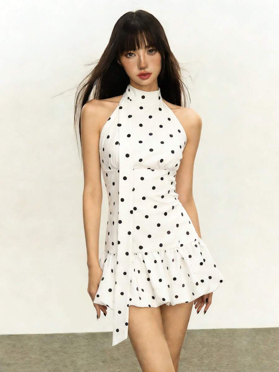 Rina Fox 女士优雅波点印花露背吊带迷你连衣裙，夏季 - 彩色 - 查看 1