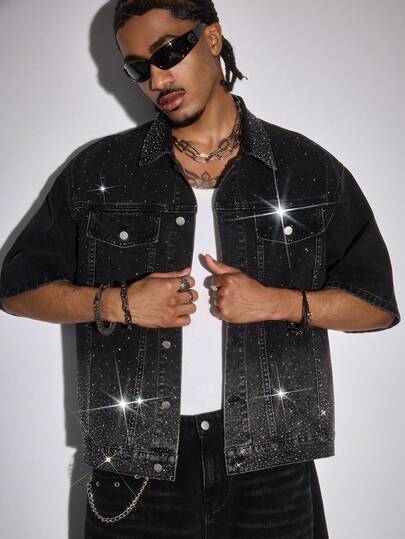 ROMWE MEN Street Life Rhinestone Embellished Black Denim Short Sleeve Denim Top